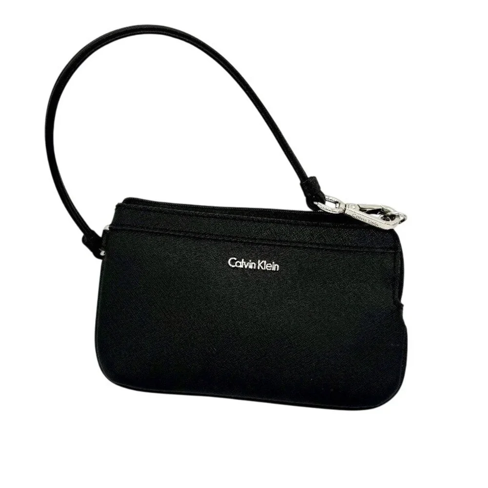 CK Black Saffiano Leather Wristlet Pouch Silver Logo Zip Wallet - Calvin Klein